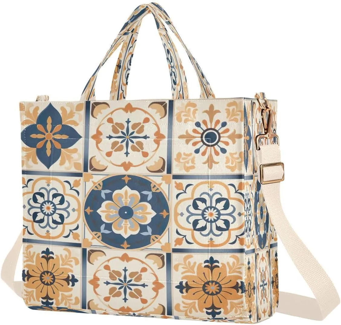 Mexican Talavera Tile Florals Corduroy Tote Bag for Women Shoulder Handbag with Adjustable Detachable Strap and Pockets for Women Unique Gifts