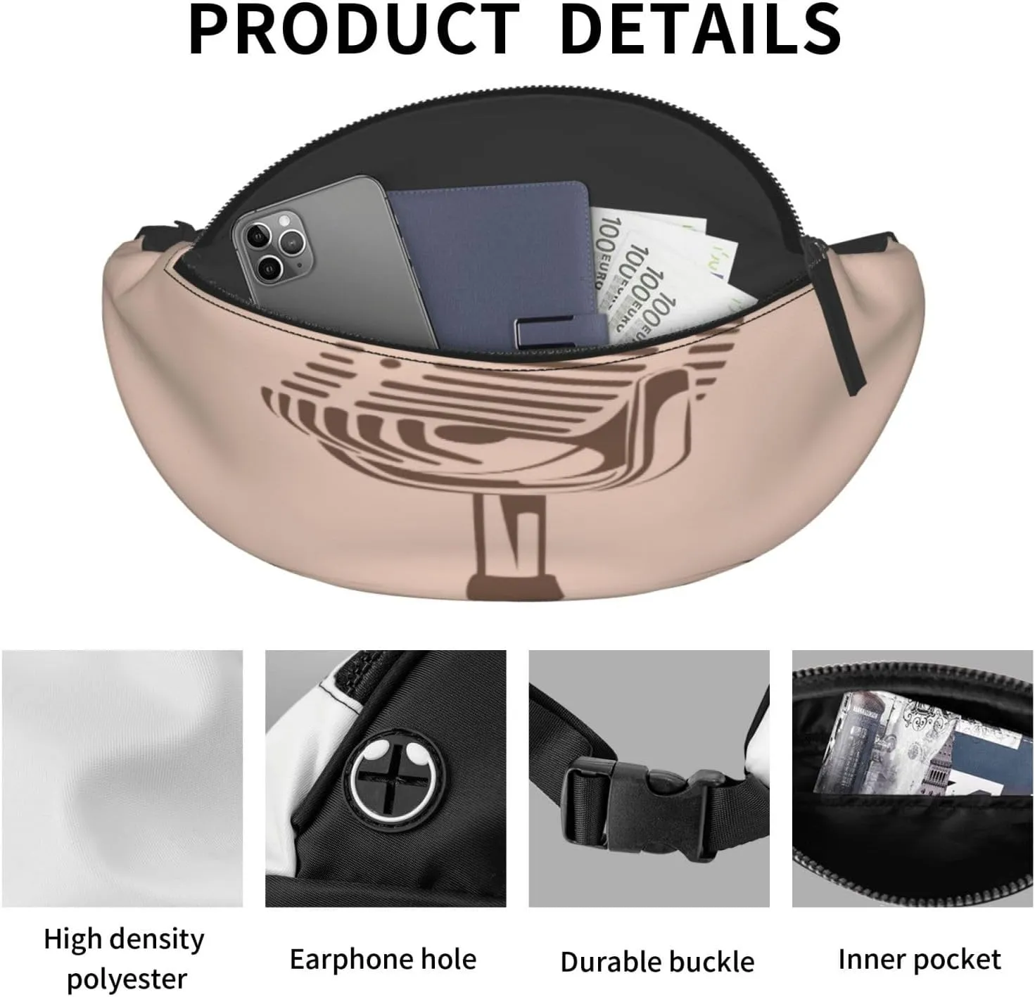 Microphone 1 Fanny Pack, Crossbody Waist Packs for Women Men Waist Bags with Adjustable Strap for Travel Running Hiking Sport