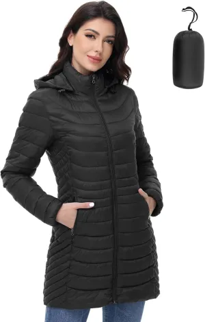 MIDNIGHTSUN Women’s Packable Puffer Jacket Lightweight Puffer Coat Mid-length Hooded Warm Winter Puffy Jacket