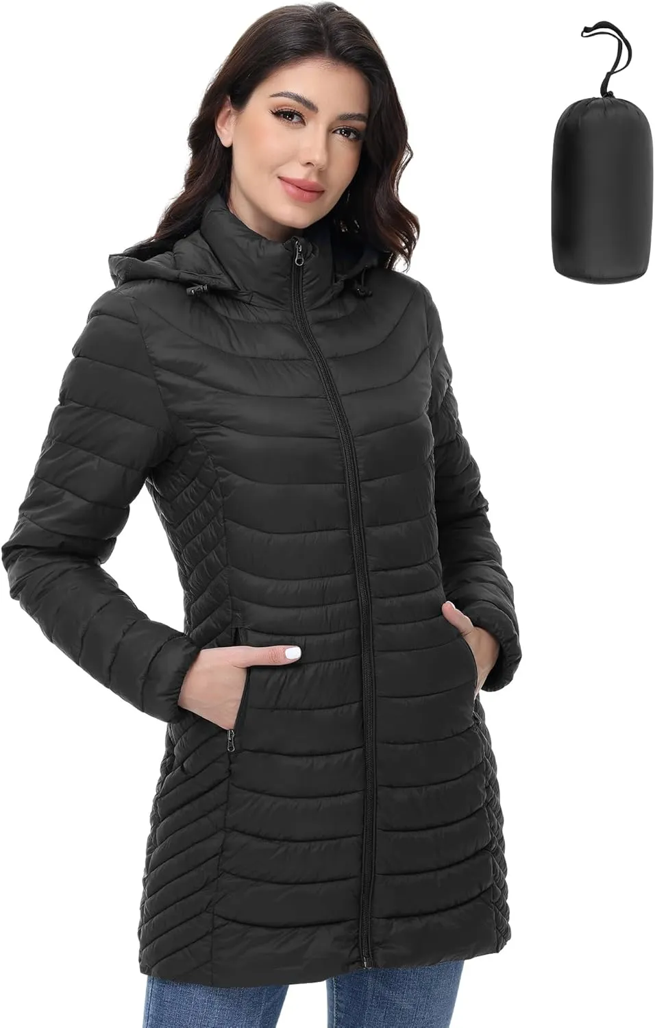 MIDNIGHTSUN Women’s Packable Puffer Jacket Lightweight Puffer Coat Mid-length Hooded Warm Winter Puffy Jacket