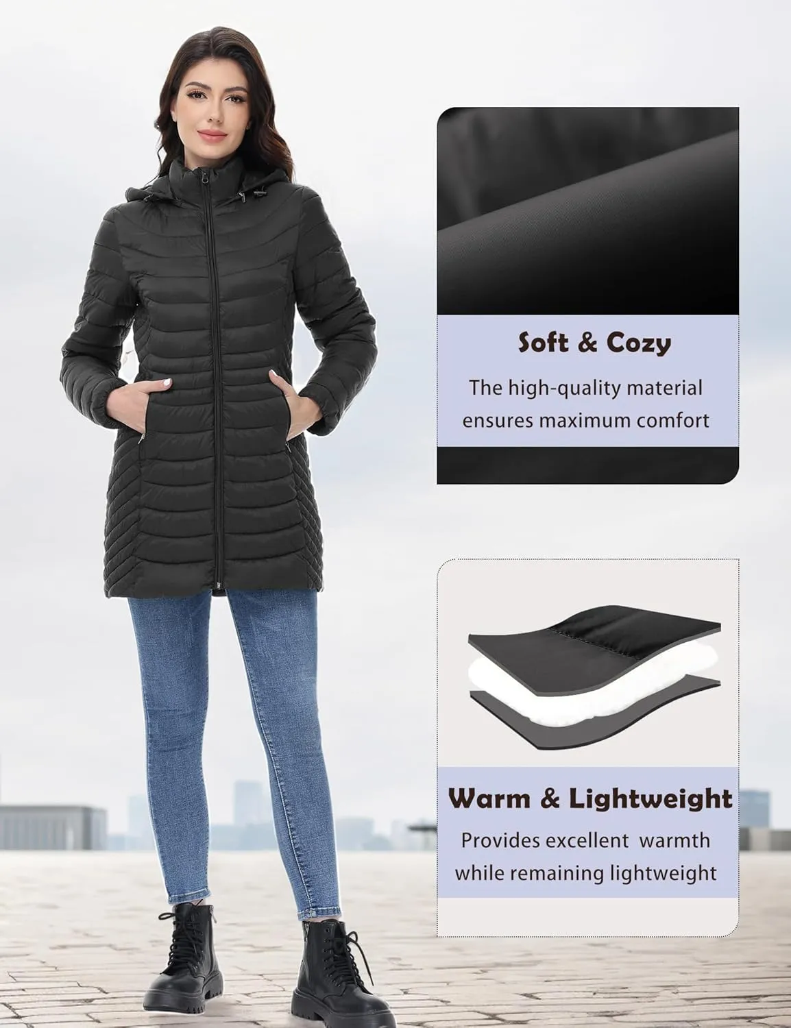 MIDNIGHTSUN Women’s Packable Puffer Jacket Lightweight Puffer Coat Mid-length Hooded Warm Winter Puffy Jacket