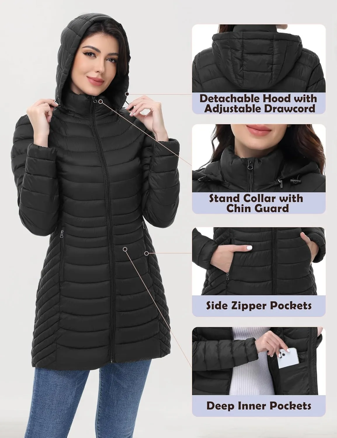 MIDNIGHTSUN Women’s Packable Puffer Jacket Lightweight Puffer Coat Mid-length Hooded Warm Winter Puffy Jacket
