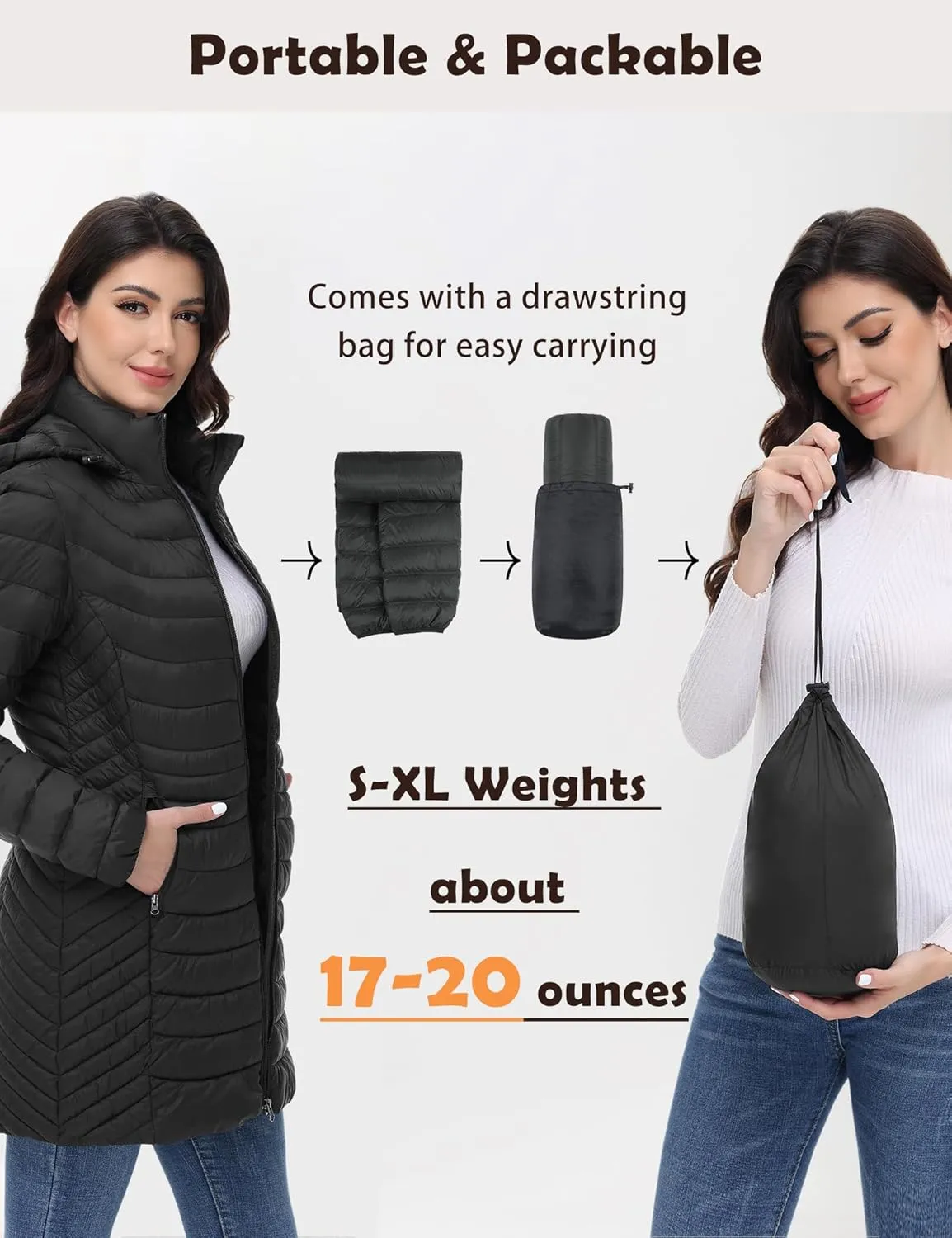 MIDNIGHTSUN Women’s Packable Puffer Jacket Lightweight Puffer Coat Mid-length Hooded Warm Winter Puffy Jacket