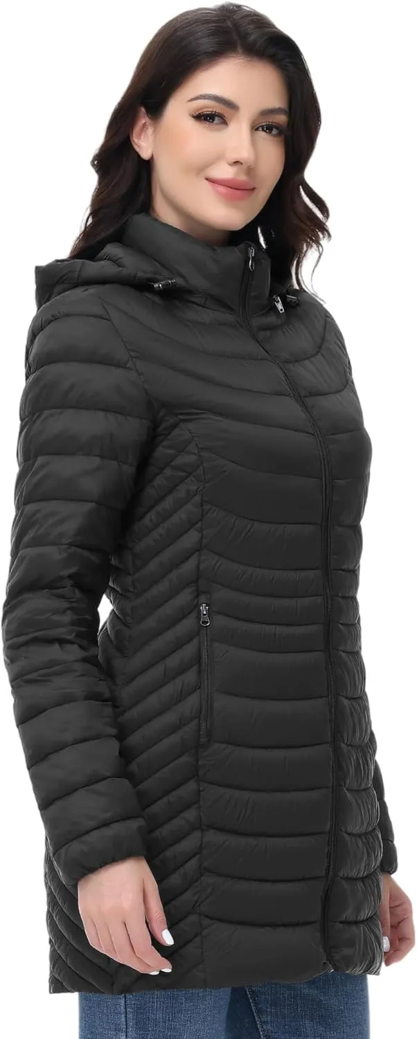 MIDNIGHTSUN Women’s Packable Puffer Jacket Lightweight Puffer Coat Mid-length Hooded Warm Winter Puffy Jacket