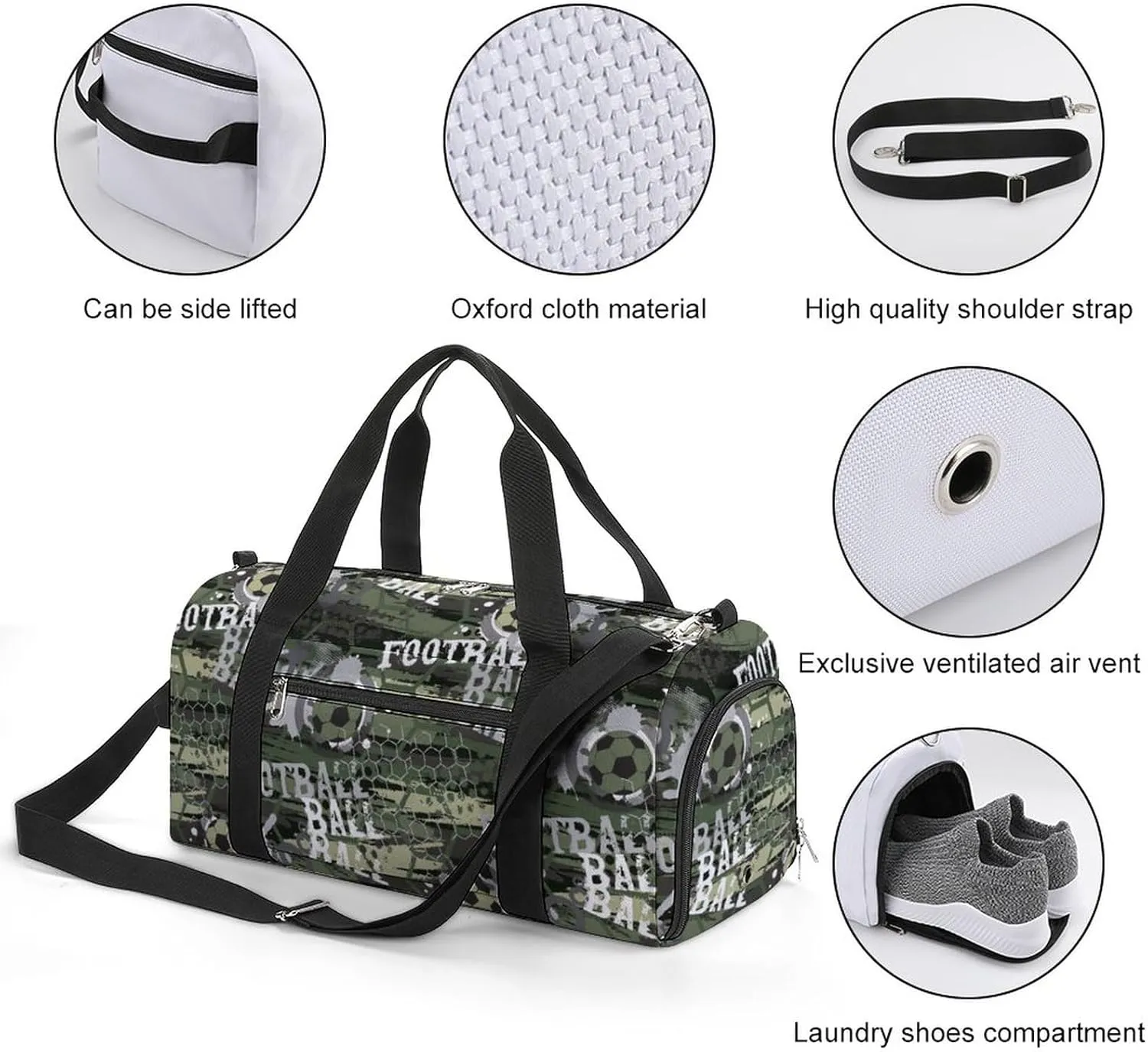 Militarys Football Pattern Water Resistant Gym Bag with Shoe Compartment, Travel Duffel Tote Bag Weekender Overnight Bag for Women Men