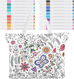 Mindsoft Color Your Own Tote Bag for Adults Craft Kits with 24 Acrylic Marker Colour Doodle Bag with Wildflower Patterns DIY Painting Art Kit for Women, 17.7 x 13.3 x 3.9 Inches