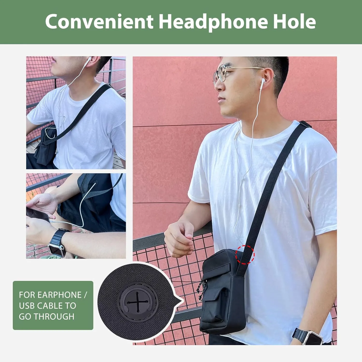 Mini Crossbody Bag for Men Shoulder Bag Organize Wallet Phones and Water Bottle Small Messenger with Earphone Hole