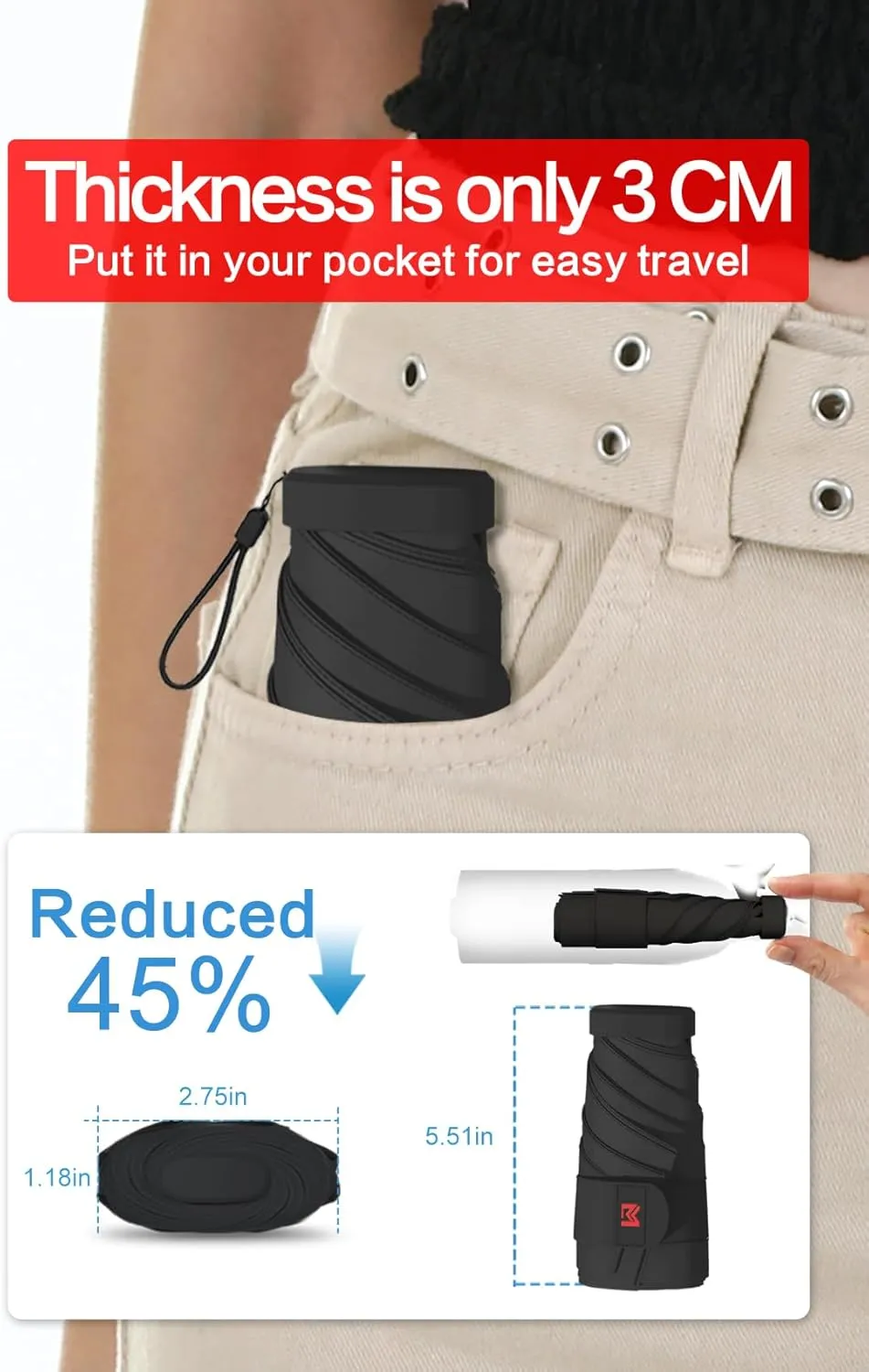 Mini Travel Folding Umbrella for Purse - UPF 50  Sun & Rain UV Protection, Windproof Small Compact Lightweight Design Fits in Pocket or Bag, Portable Wallet Parasol for Commuter, Men Women Boys Girls