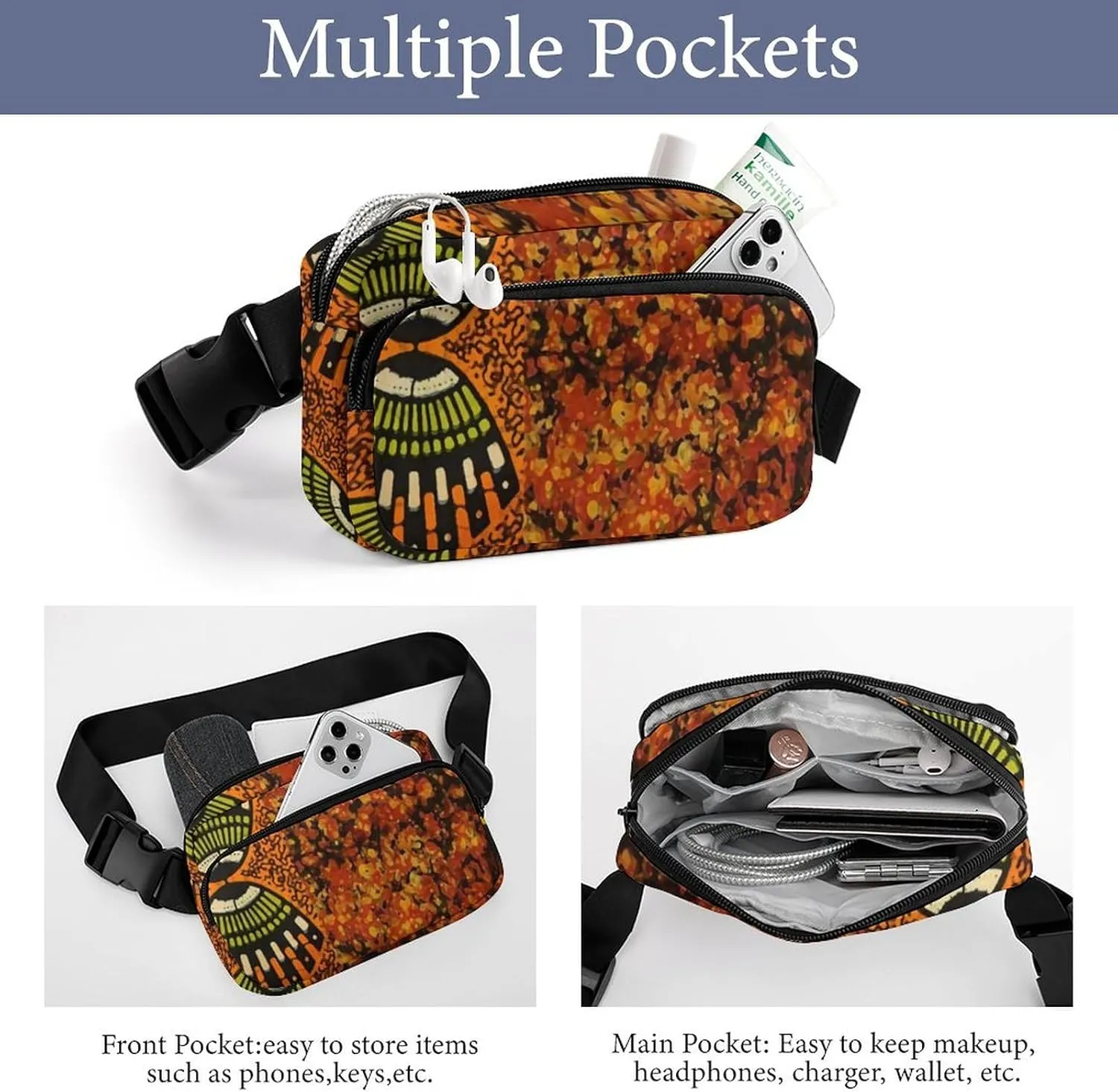 Mixed African Graphic Print Large Capacity Portable All Print Waist Bag