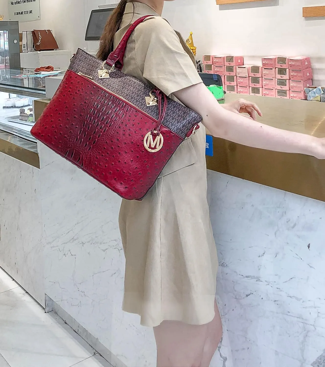 MKF Crossbody Shoulder Bag for Women – PU Leather Top Handle Pocketbook – Roomy Tote Satchel Handbag Purse M Charm