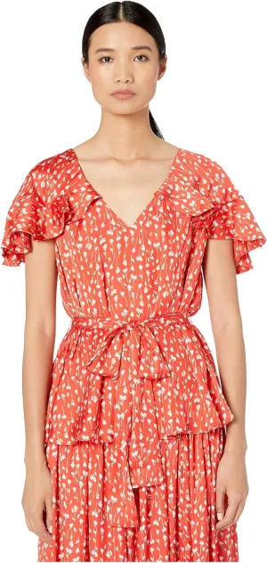 ML Monique Lhuillier Printed Top with Ruffled Sleeves Cayenne Multi MD