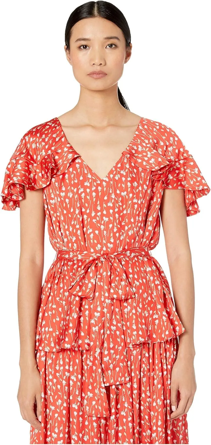 ML Monique Lhuillier Printed Top with Ruffled Sleeves Cayenne Multi MD
