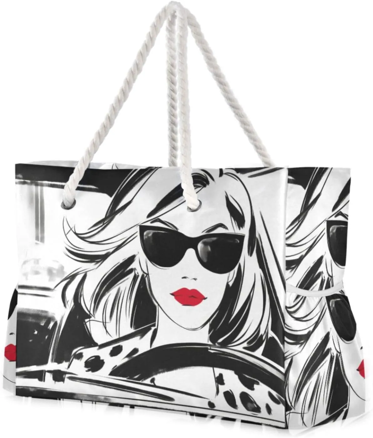 Monochrome Road Chic Large Beach Bag, Travel Tote Bag Zippered, Water Resistant Family Size for Seaside, Shower Stall, Swiming Pool