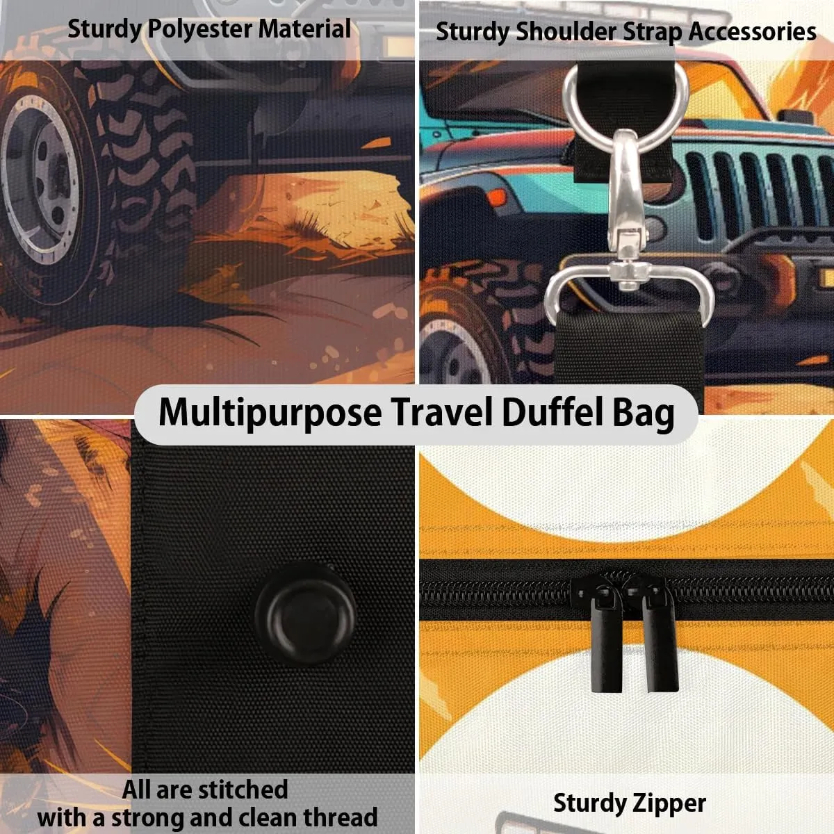 Monster Truck Car Travel Duffel Bag for Women Men Waterproof Foldable Overnight Weekender Bag Large Capacity Sports Gym Bag