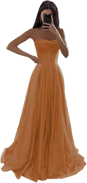 Monvelli Glitter Tulle Prom Dress Long Ball Gown 2025 Spaghetti Straps Sweetheart Formal Evening Dress with Slit