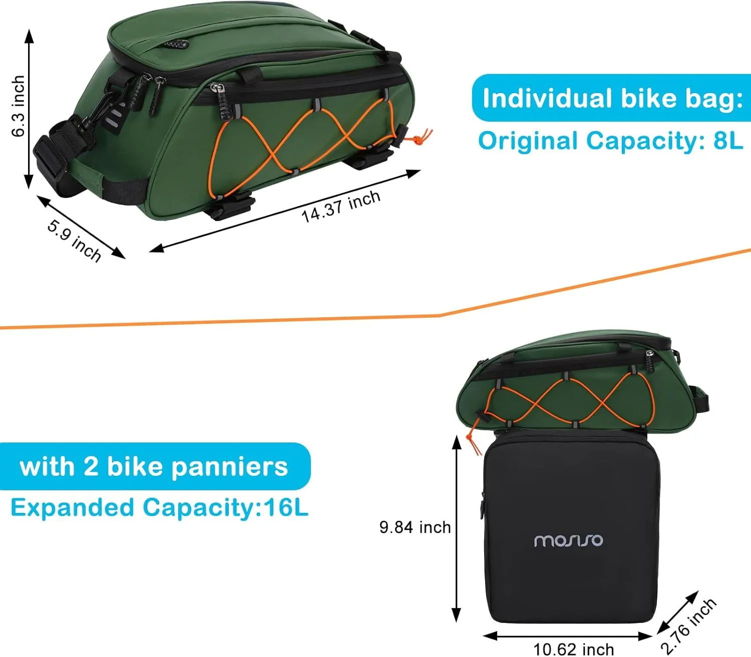 MOSISO Bike Rack Bag with 2 Removable Panniers, Waterproof Bike Trunk Cooler Storage Handbag Insulated Bicycle Rear Seat Pouch, Bicycle Storage Saddle Shoulder Bag Cycling Luggage Pouch, Peacock Green