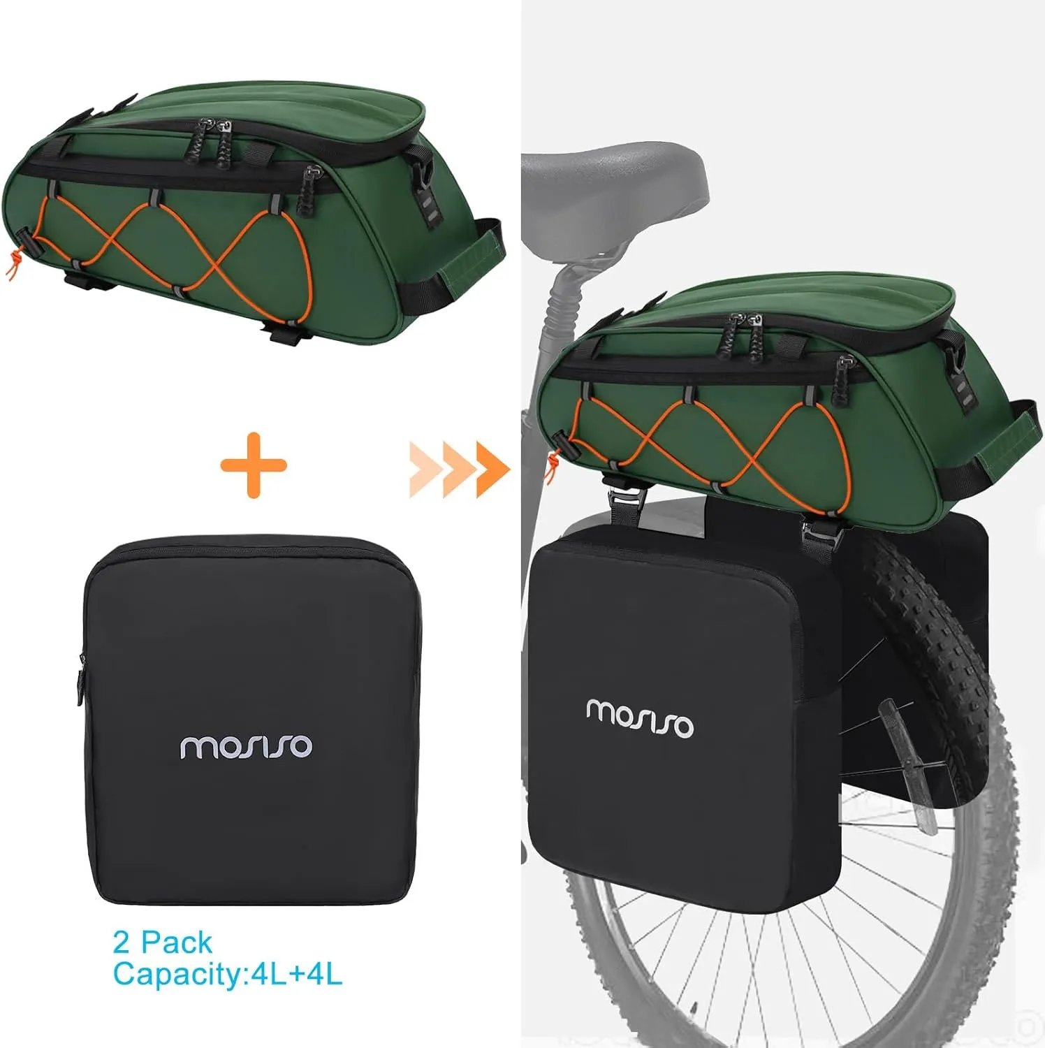 MOSISO Bike Rack Bag with 2 Removable Panniers, Waterproof Bike Trunk Cooler Storage Handbag Insulated Bicycle Rear Seat Pouch, Bicycle Storage Saddle Shoulder Bag Cycling Luggage Pouch, Peacock Green