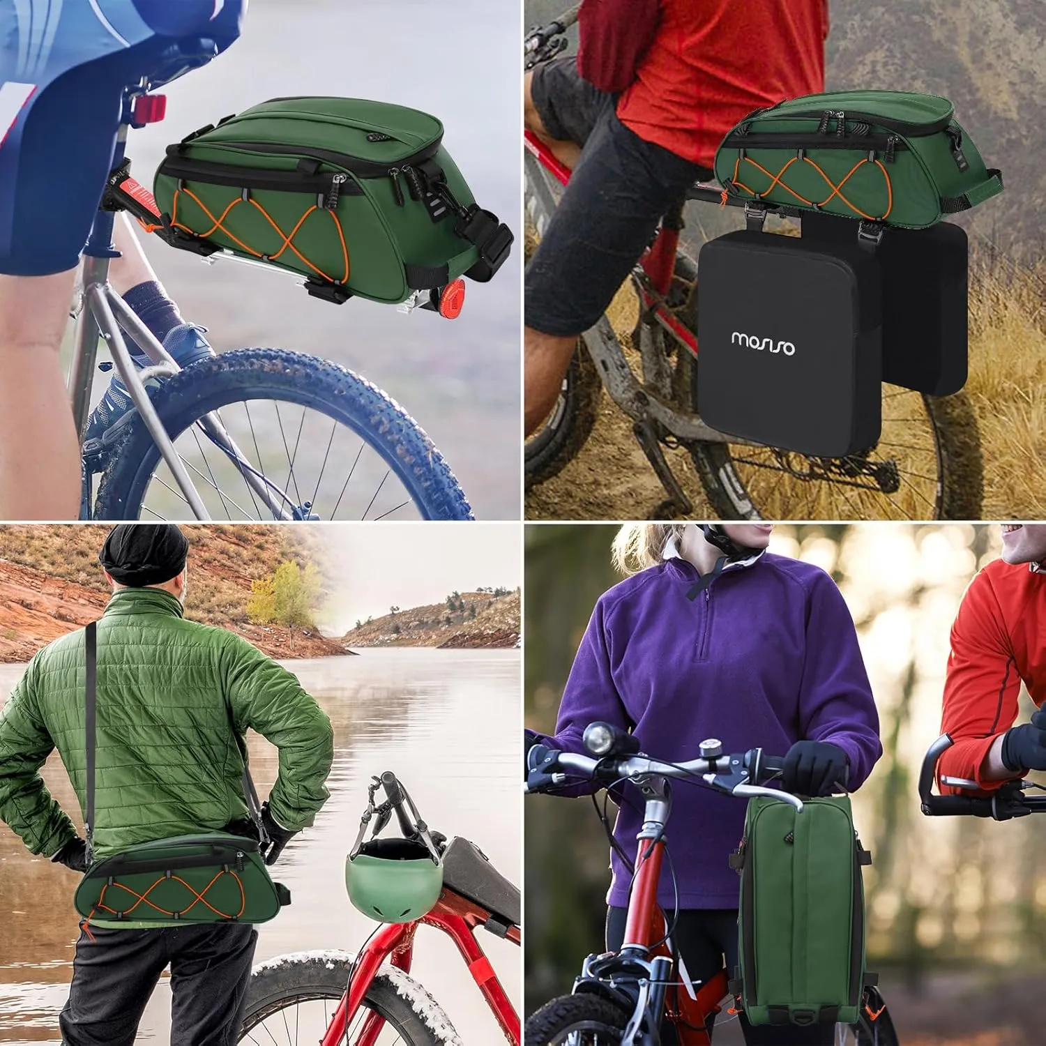 MOSISO Bike Rack Bag with 2 Removable Panniers, Waterproof Bike Trunk Cooler Storage Handbag Insulated Bicycle Rear Seat Pouch, Bicycle Storage Saddle Shoulder Bag Cycling Luggage Pouch, Peacock Green