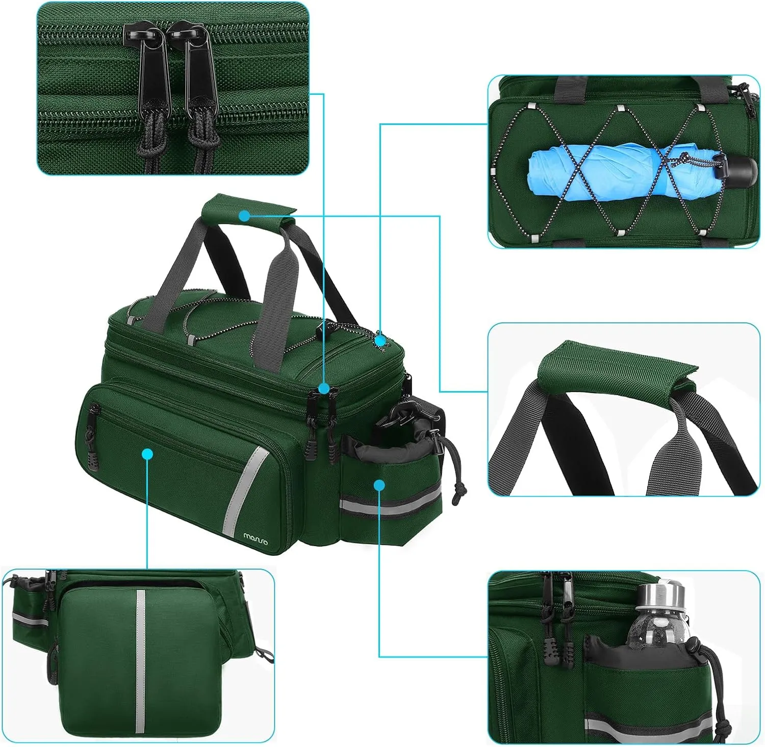 MOSISO Bike Rack Bag with Rain Cover, Bike Trunk Cooler Handag Insulated Bicycle Rear Seat Pouch with 2 Side Foldable Panniers, 8L Cycling Backseat Storage Cargo Saddle Shoulder Bag, Jungle Green