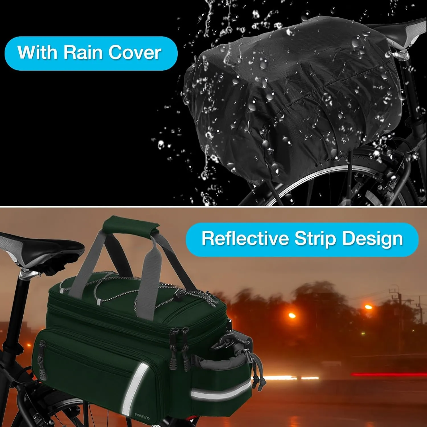 MOSISO Bike Rack Bag with Rain Cover, Bike Trunk Cooler Handag Insulated Bicycle Rear Seat Pouch with 2 Side Foldable Panniers, 8L Cycling Backseat Storage Cargo Saddle Shoulder Bag, Jungle Green