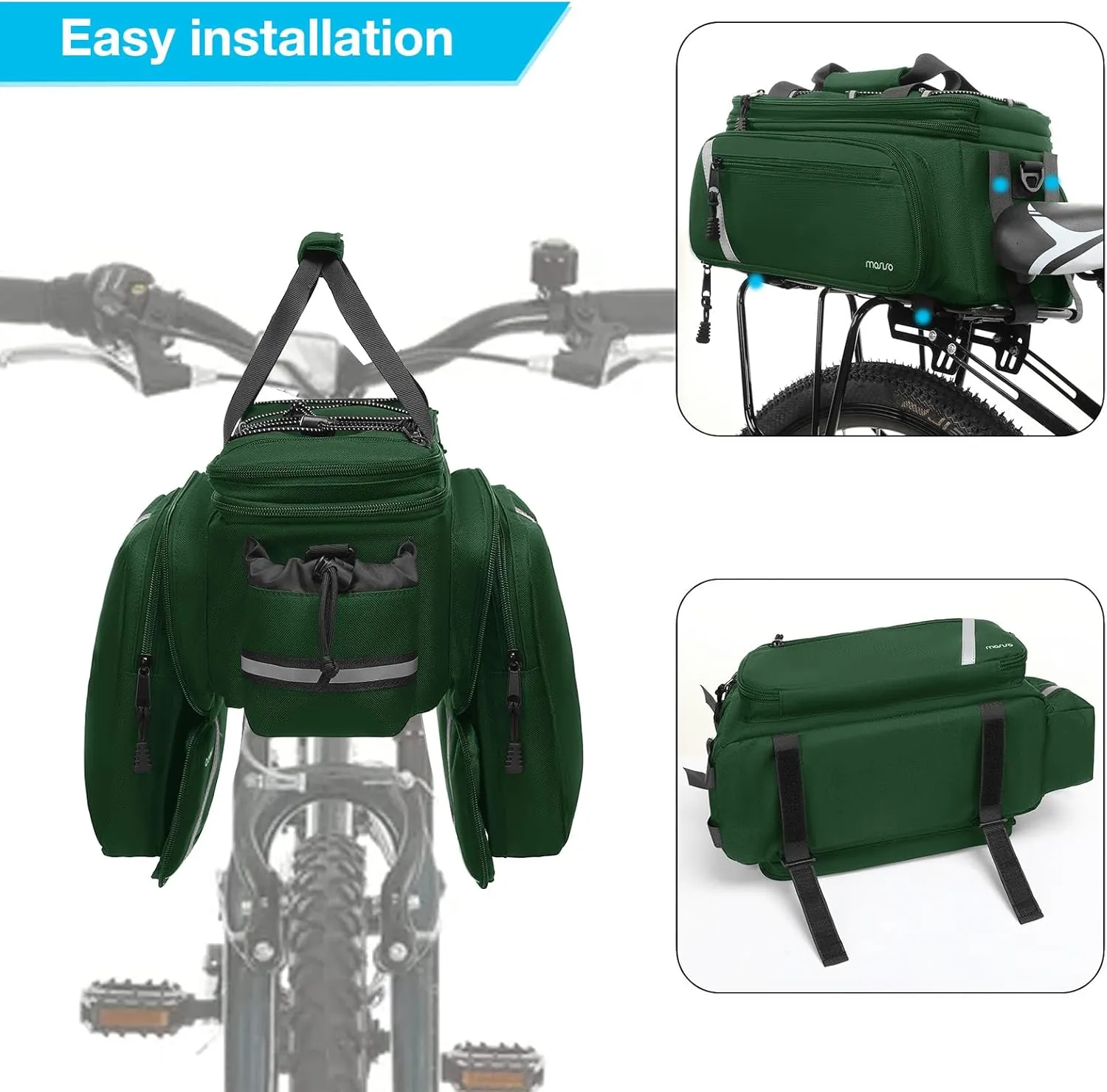 MOSISO Bike Rack Bag with Rain Cover, Bike Trunk Cooler Handag Insulated Bicycle Rear Seat Pouch with 2 Side Foldable Panniers, 8L Cycling Backseat Storage Cargo Saddle Shoulder Bag, Jungle Green