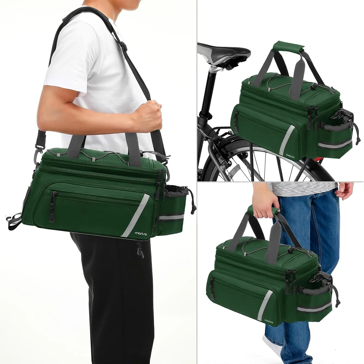 MOSISO Bike Rack Bag with Rain Cover, Bike Trunk Cooler Handag Insulated Bicycle Rear Seat Pouch with 2 Side Foldable Panniers, 8L Cycling Backseat Storage Cargo Saddle Shoulder Bag, Jungle Green