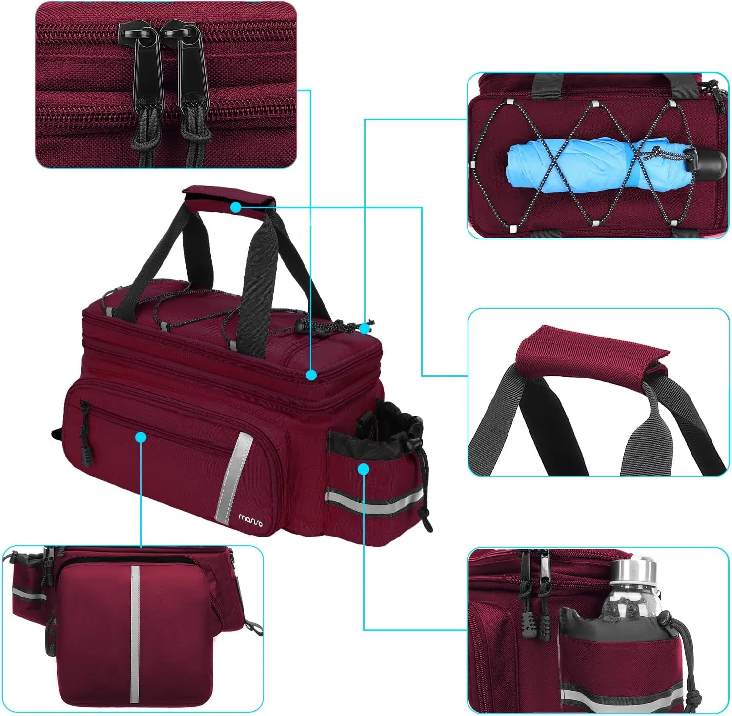 MOSISO Bike Rack Bag with Rain Cover, Bike Trunk Cooler Handag Insulated Bicycle Rear Seat Pouch with 2 Side Foldable Panniers, 8L Cycling Backseat Storage Cargo Saddle Shoulder Bag, Wine Red