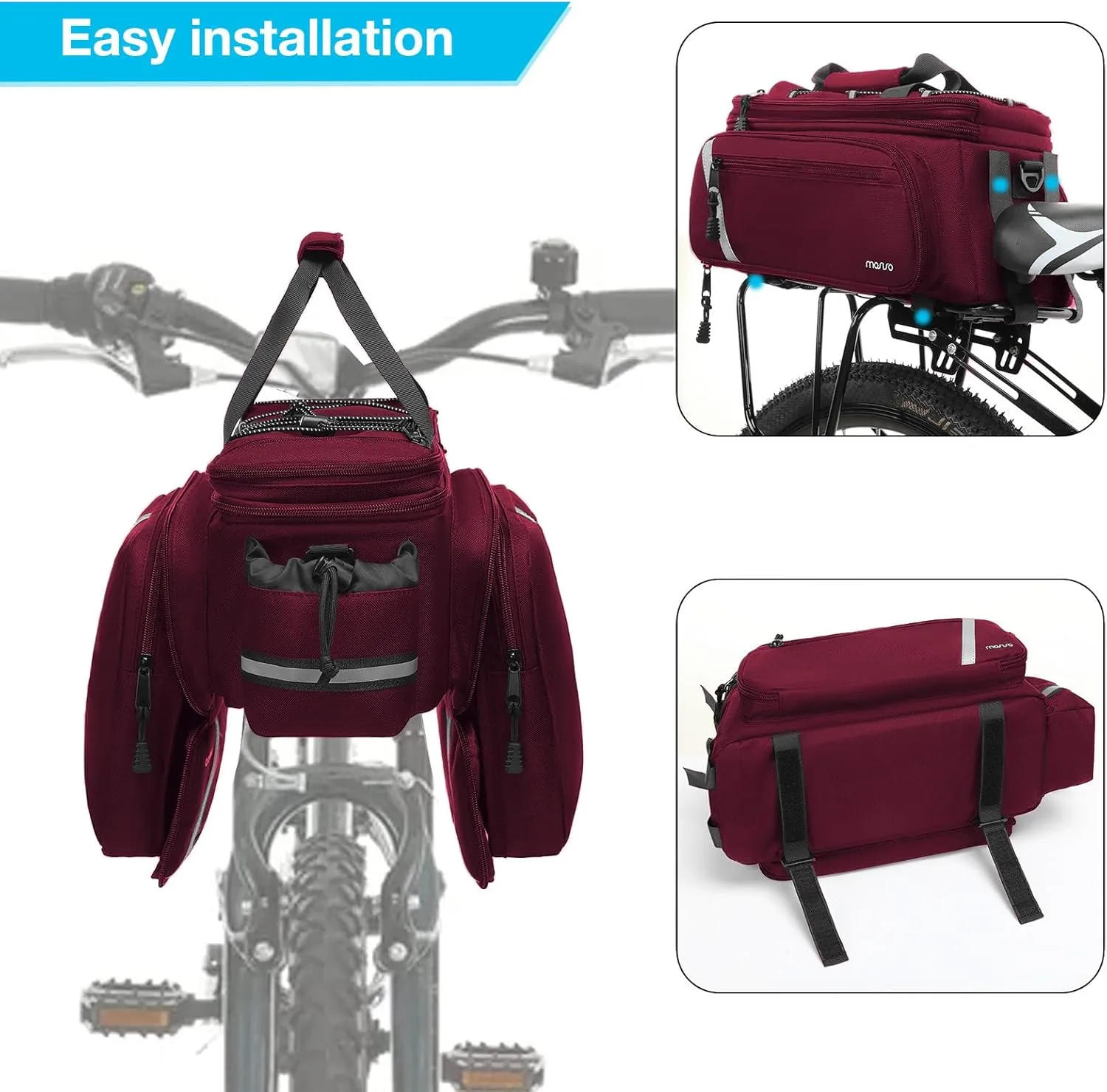 MOSISO Bike Rack Bag with Rain Cover, Bike Trunk Cooler Handag Insulated Bicycle Rear Seat Pouch with 2 Side Foldable Panniers, 8L Cycling Backseat Storage Cargo Saddle Shoulder Bag, Wine Red