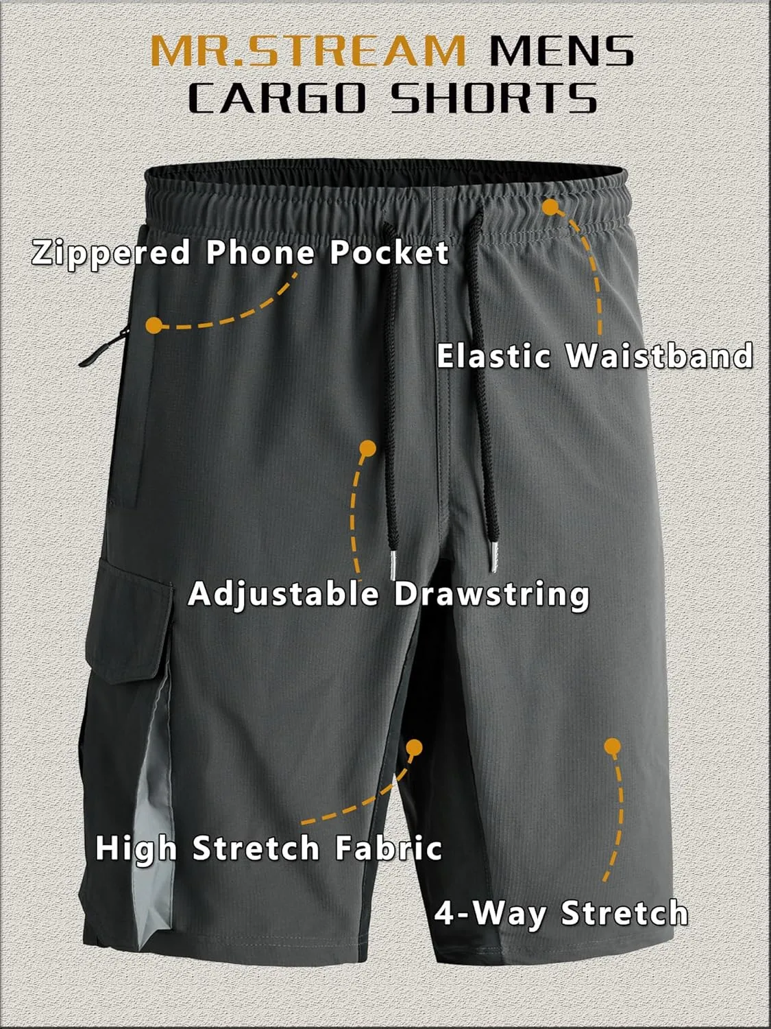 Mr.Stream Men's Summer Quick Drying Fishing Zipper Pocket Elastic Waist Golf Cargo Shorts