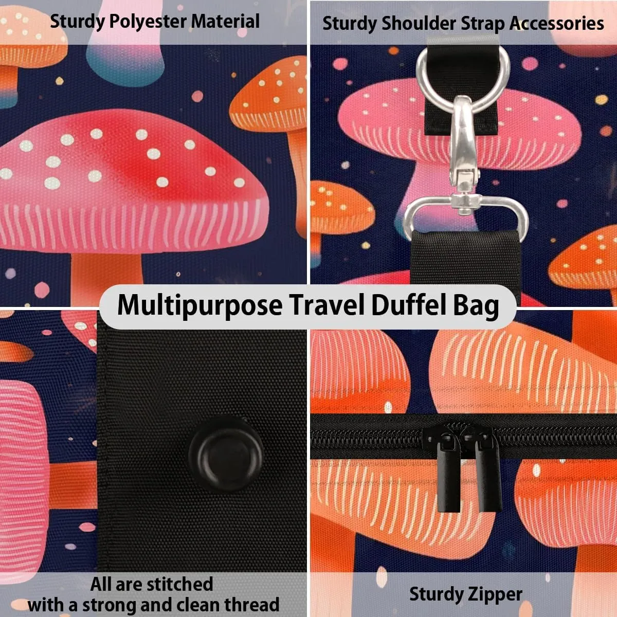 Mushroom Colorful Travel Duffel Bag for Women Men Waterproof Foldable Overnight Weekender Bag Large Capacity Sports Gym Bag