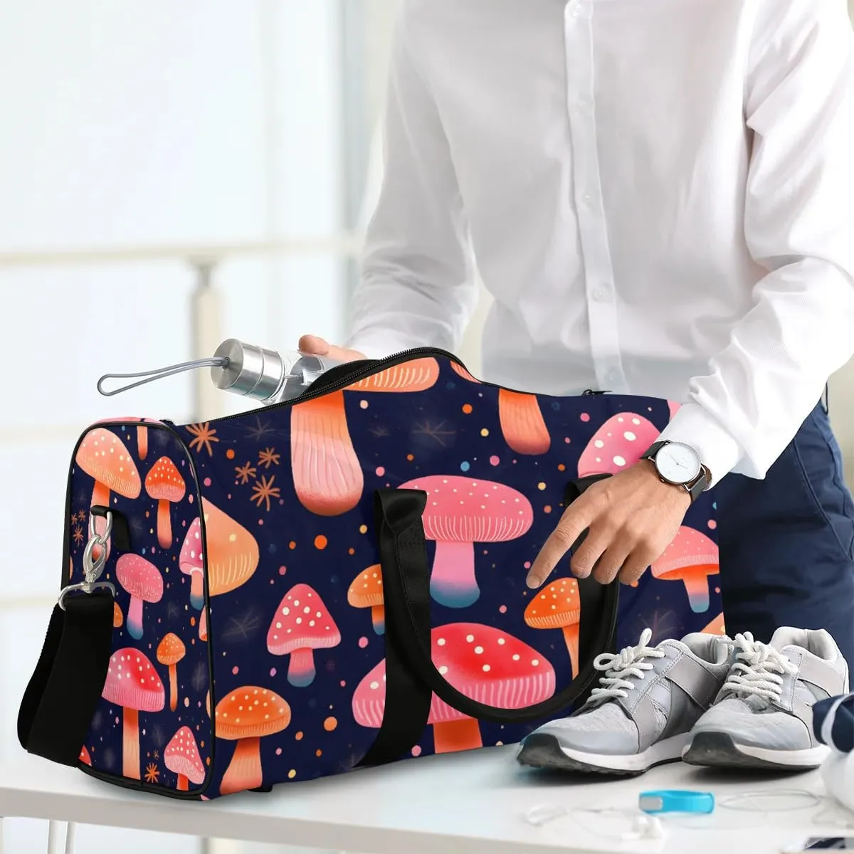 Mushroom Colorful Travel Duffel Bag for Women Men Waterproof Foldable Overnight Weekender Bag Large Capacity Sports Gym Bag