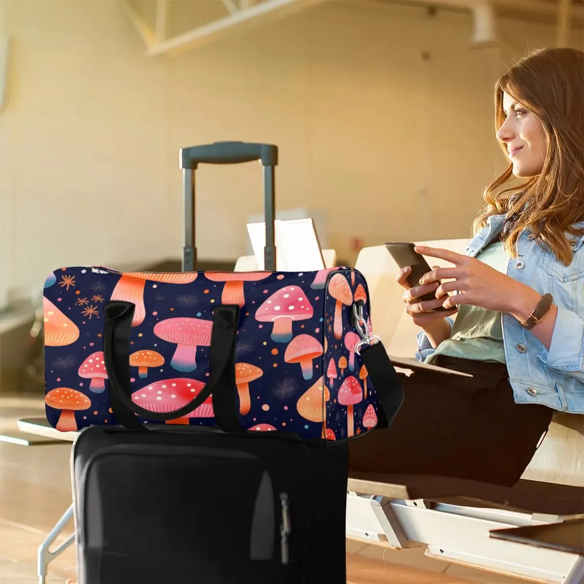 Mushroom Colorful Travel Duffel Bag for Women Men Waterproof Foldable Overnight Weekender Bag Large Capacity Sports Gym Bag