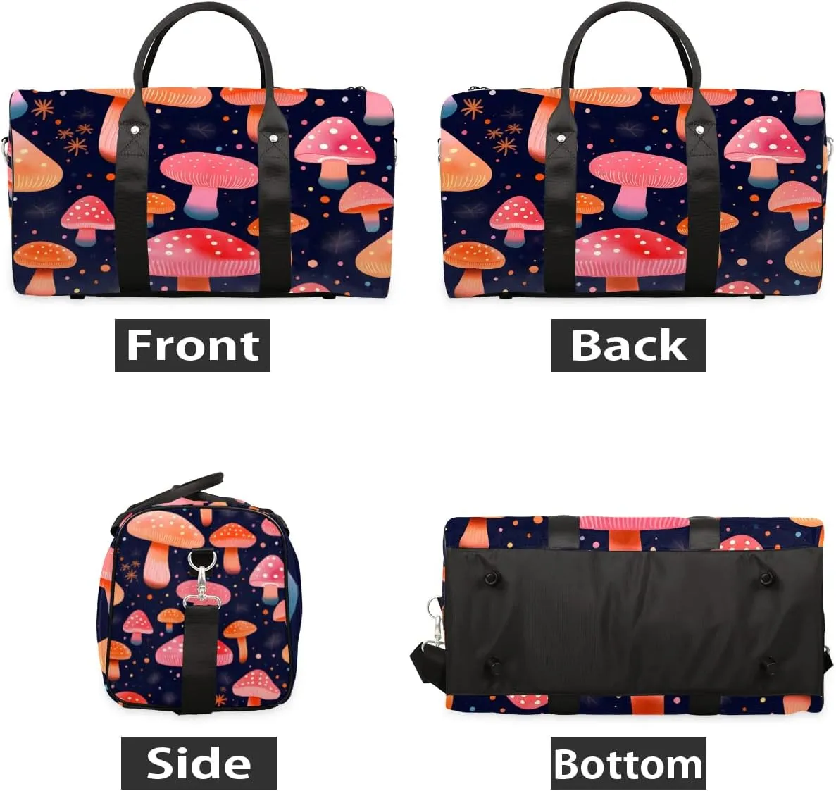 Mushroom Colorful Travel Duffel Bag for Women Men Waterproof Foldable Overnight Weekender Bag Large Capacity Sports Gym Bag