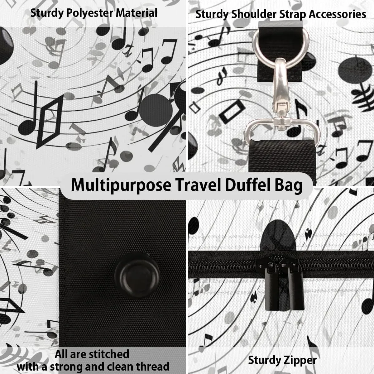 Music Note Travel Duffel Bag for Women Men Waterproof Foldable Overnight Weekender Bag Large Capacity Sports Gym Bag