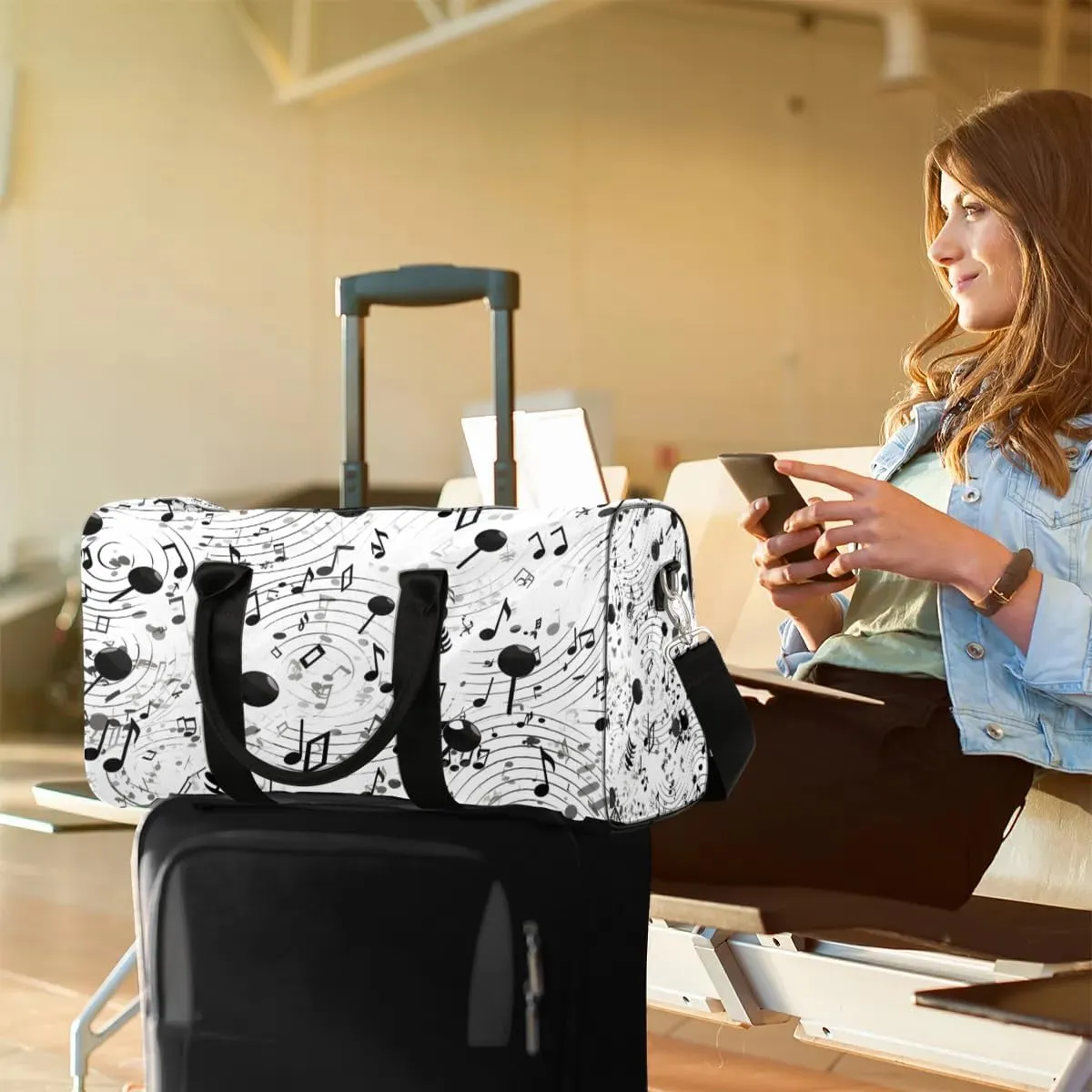 Music Note Travel Duffel Bag for Women Men Waterproof Foldable Overnight Weekender Bag Large Capacity Sports Gym Bag