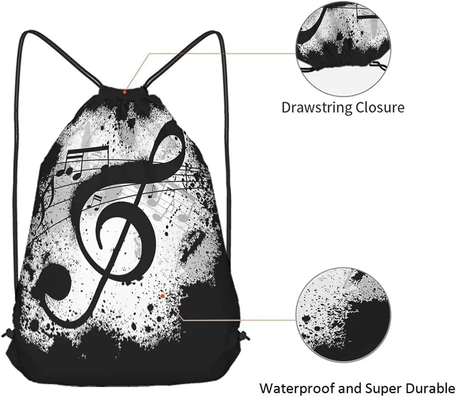 Music Notes Drawstring Bags Backpack Bag Vintage Design Grunge Art Black Ground Silhouette Ink Splatter Sport Gym Sack Drawstring Bag String Bag Yoga Bag for Men Women