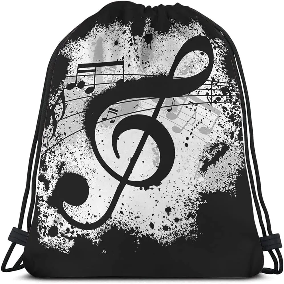 Music Notes Drawstring Bags Backpack Bag Vintage Design Grunge Art Black Ground Silhouette Ink Splatter Sport Gym Sack Drawstring Bag String Bag Yoga Bag for Men Women