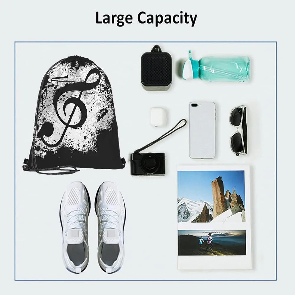 Music Notes Drawstring Bags Backpack Bag Vintage Design Grunge Art Black Ground Silhouette Ink Splatter Sport Gym Sack Drawstring Bag String Bag Yoga Bag for Men Women