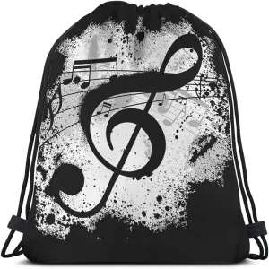 Music Notes Drawstring Bags Backpack Bag Vintage Design Grunge Art Black Ground Silhouette Ink Splatter Sport Gym Sack Drawstring Bag String Bag Yoga Bag for Men Women