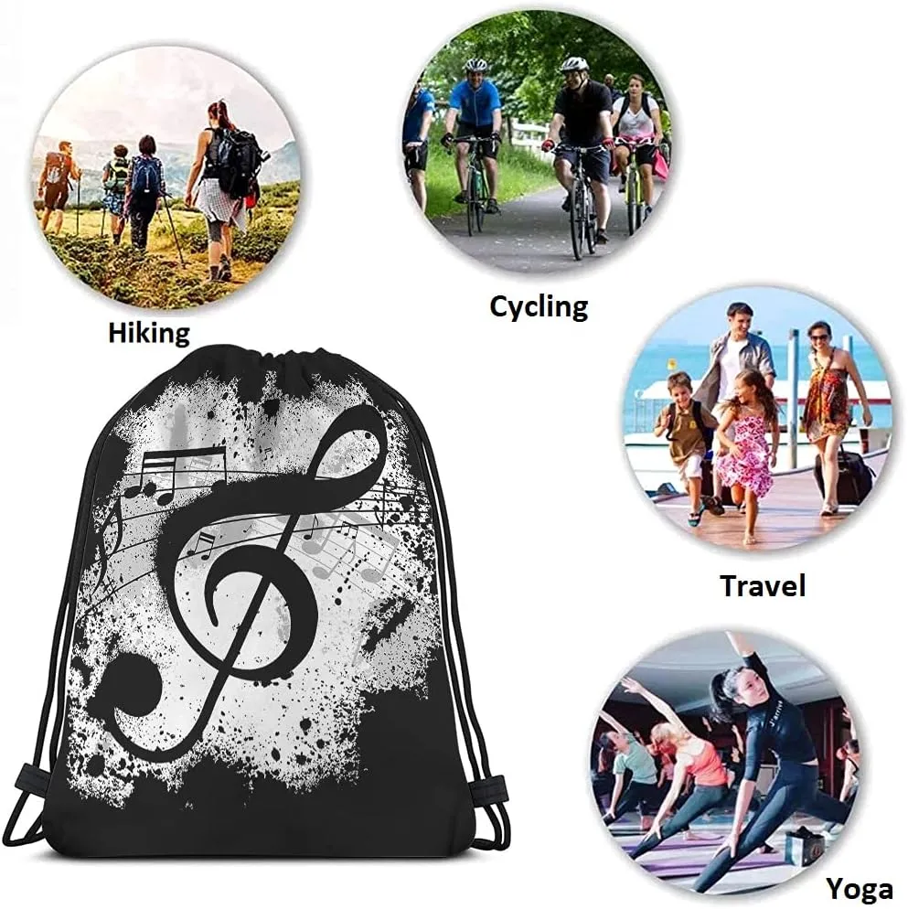 Music Notes Drawstring Bags Backpack Bag Vintage Design Grunge Art Black Ground Silhouette Ink Splatter Sport Gym Sack Drawstring Bag String Bag Yoga Bag for Men Women