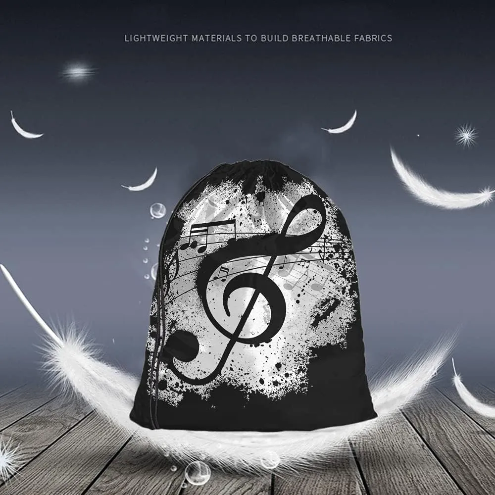 Music Notes Drawstring Bags Backpack Bag Vintage Design Grunge Art Black Ground Silhouette Ink Splatter Sport Gym Sack Drawstring Bag String Bag Yoga Bag for Men Women