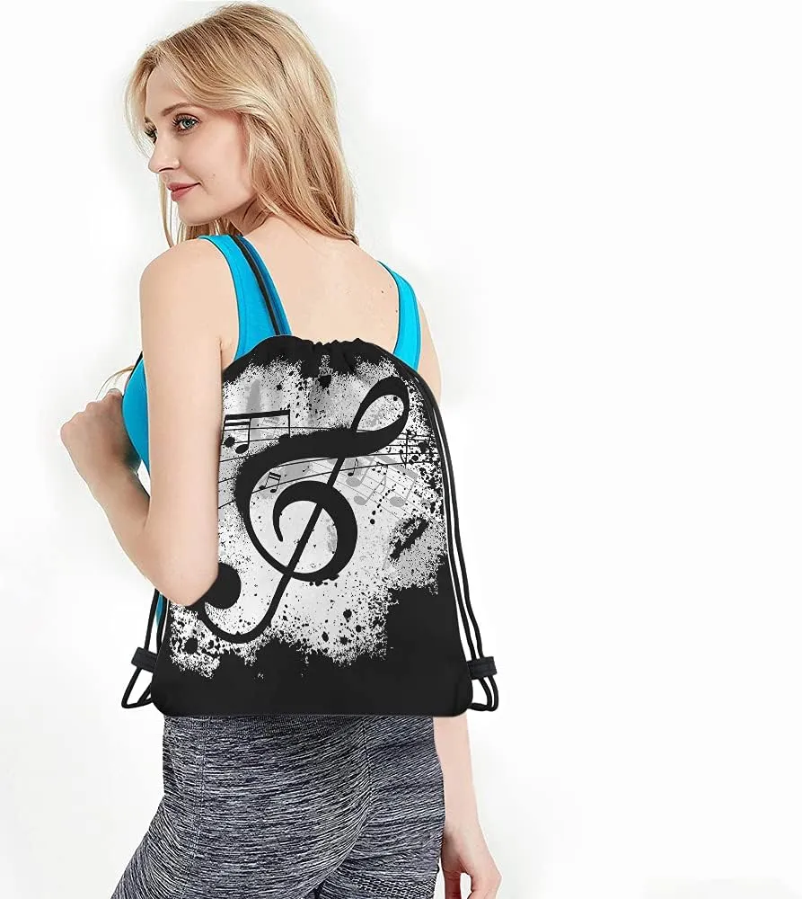 Music Notes Drawstring Bags Backpack Bag Vintage Design Grunge Art Black Ground Silhouette Ink Splatter Sport Gym Sack Drawstring Bag String Bag Yoga Bag for Men Women