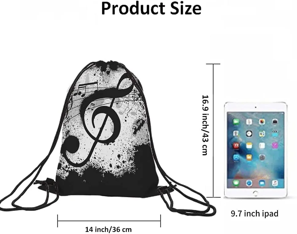 Music Notes Drawstring Bags Backpack Bag Vintage Design Grunge Art Black Ground Silhouette Ink Splatter Sport Gym Sack Drawstring Bag String Bag Yoga Bag for Men Women