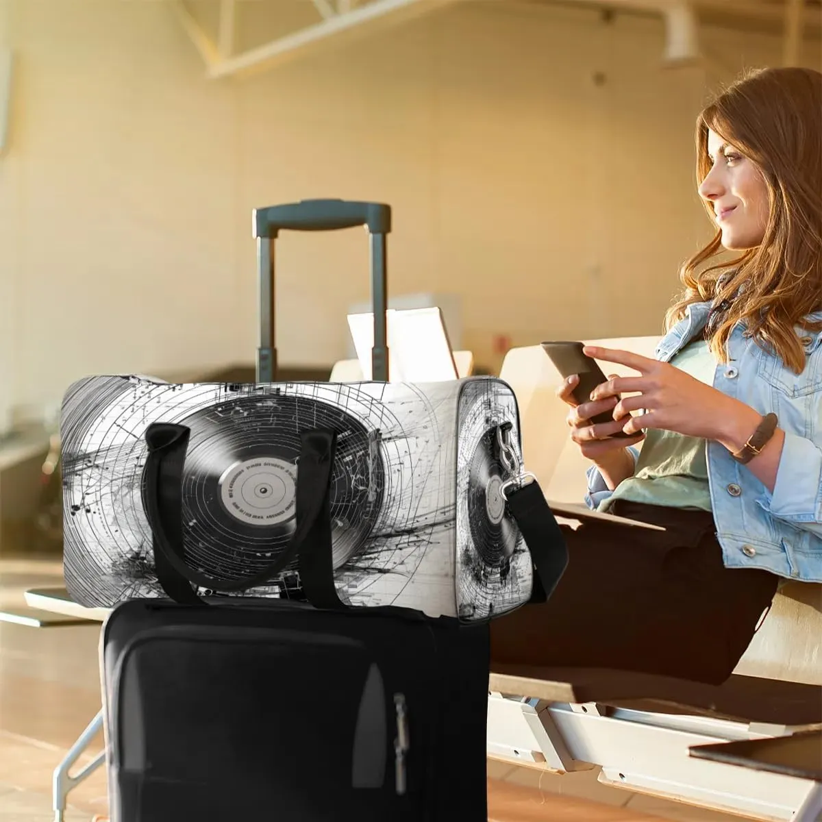 Music Records Travel Duffel Bag for Women Men Waterproof Foldable Overnight Weekender Bag Large Capacity Sports Gym Bag