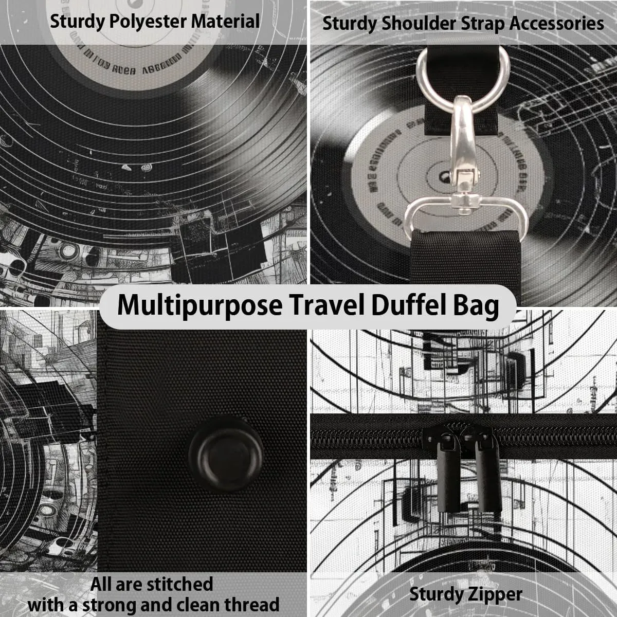 Music Records Travel Duffel Bag for Women Men Waterproof Foldable Overnight Weekender Bag Large Capacity Sports Gym Bag