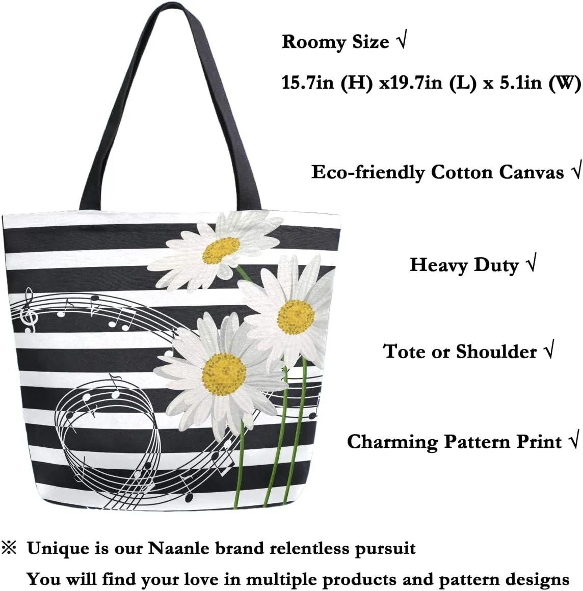 Naanle Daisies Canvas Tote Bag - Large Women's Casual Shoulder Handbag, Musical Daisies Reusable Multipurpose Heavy Duty Shopping Grocery Cotton Bag for Outdoors