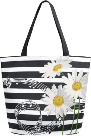 Naanle Daisies Canvas Tote Bag - Large Women's Casual Shoulder Handbag, Musical Daisies Reusable Multipurpose Heavy Duty Shopping Grocery Cotton Bag for Outdoors