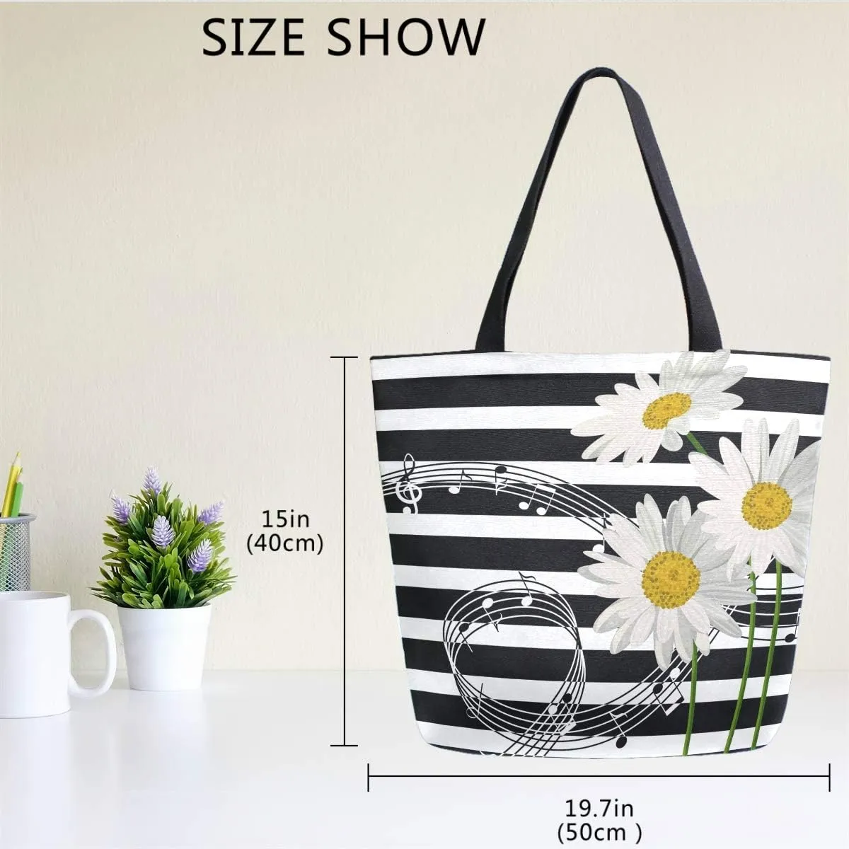 Naanle Daisies Canvas Tote Bag - Large Women's Casual Shoulder Handbag, Musical Daisies Reusable Multipurpose Heavy Duty Shopping Grocery Cotton Bag for Outdoors