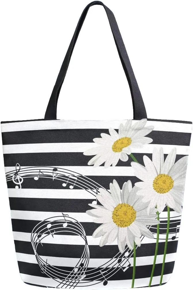 Naanle Daisies Canvas Tote Bag - Large Women's Casual Shoulder Handbag, Musical Daisies Reusable Multipurpose Heavy Duty Shopping Grocery Cotton Bag for Outdoors