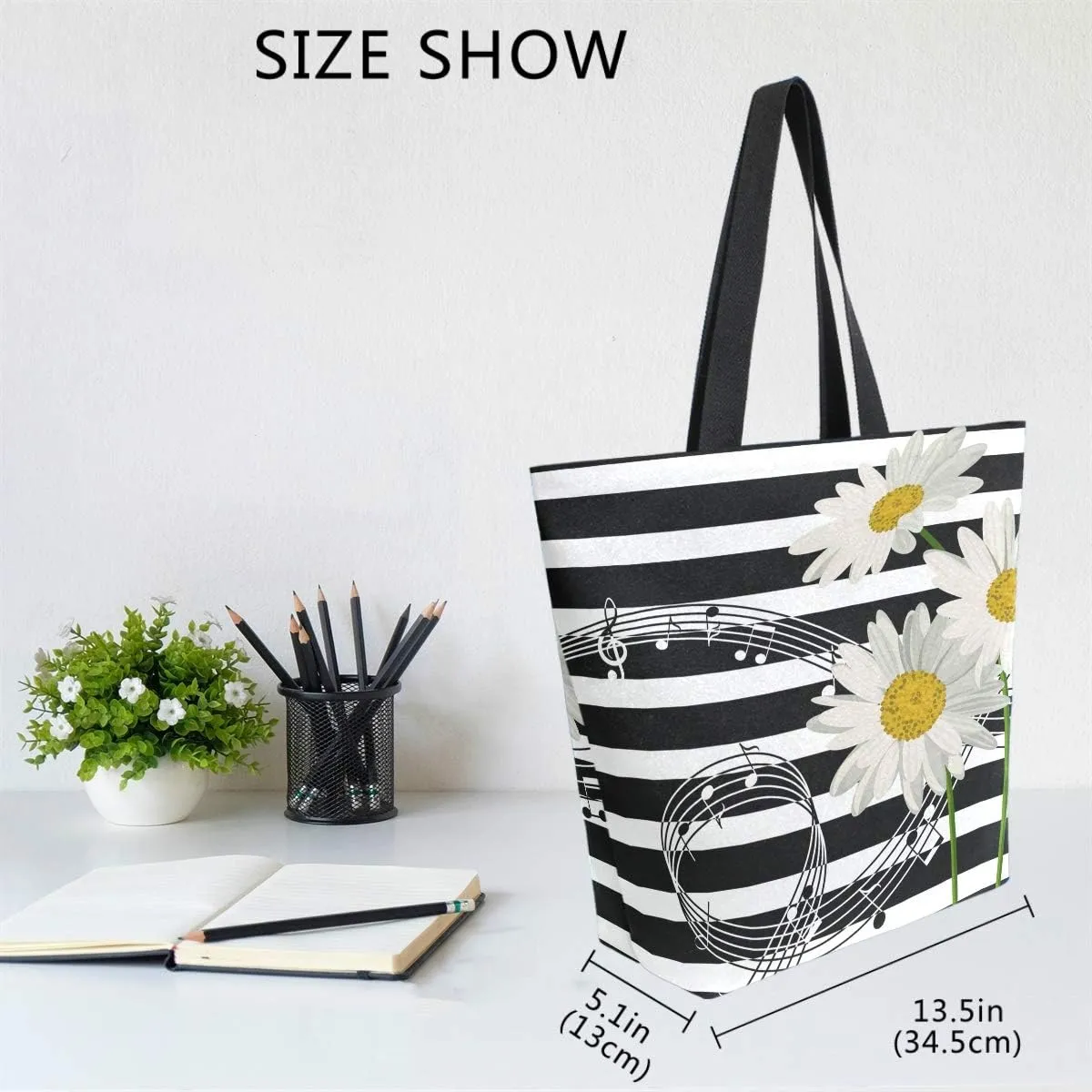 Naanle Daisies Canvas Tote Bag - Large Women's Casual Shoulder Handbag, Musical Daisies Reusable Multipurpose Heavy Duty Shopping Grocery Cotton Bag for Outdoors